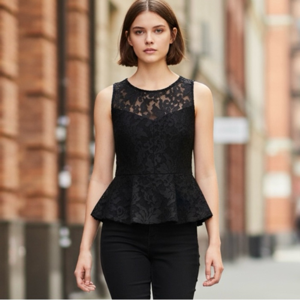 MAJE Structured Black Lace Sheer Yoke Peplum Top | Size 3 | NEW w/out Tags